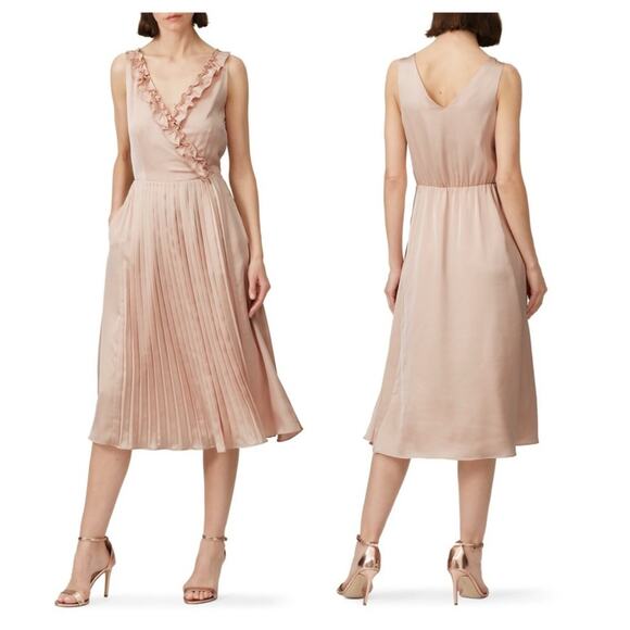 Great Jones Dresses & Skirts - GREAT JONES Ruffle Hourglass Dress Pink Satin Pleated Midi V-Neck Size 6